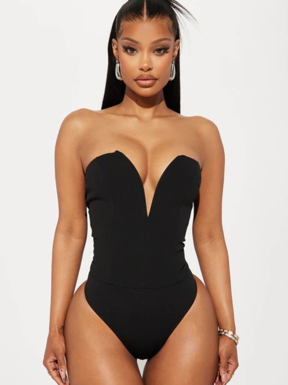 Fashion Nova Black Strapless Plunge Bodysuit